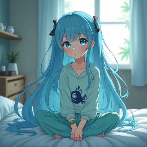 anime sad girl long sky blue waterfall hair blue eyes puffy cheeks aquamarine Fish themed pajama shirt green bracelet with aquamarine stone Pirate themed pajama pants sitting in bed