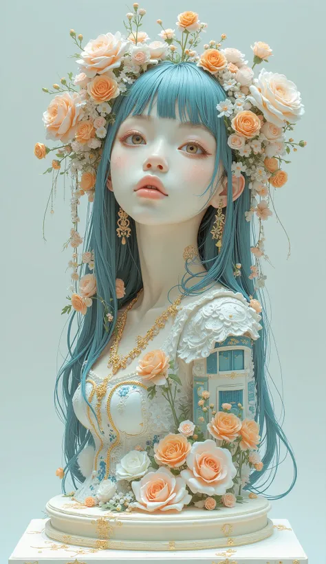 A 3D portrait sculpture is placed on a central pedestal，  simple，  minimalism，  beautiful girl，  bangs with lots of flowers 、 Soft Elegant Hues，Colored glass transparent 