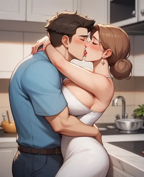 1girl, 1boy, anime , curvy women , huge , dress white, She loves sex, Cheating wife, big boobs، mother, stepmother، sex hungry، Shy woman، Her breasts are high on the boy 50 year old mother، Hugging his mother، They are standing in the kitchen، My husband ...