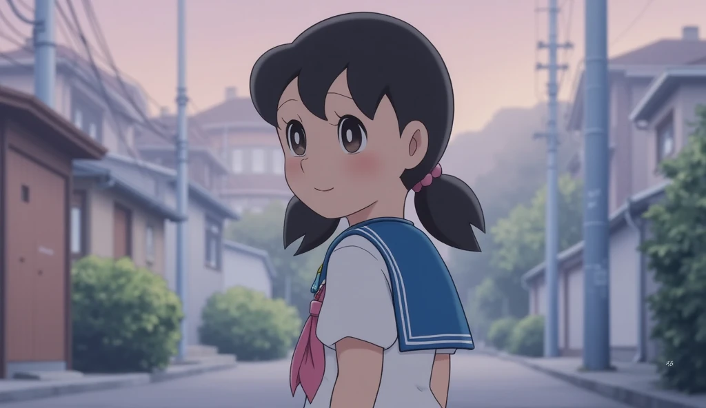 A Japanese female student, wearing a sailor uniform, walking by sidewalk in the evening.Smile, Long Hair, Bangs, Black Hair, From Side, Hairband, Depth Of Field, Anime Style, 