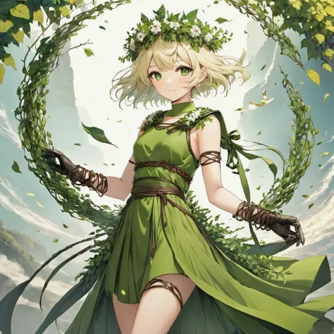 Goddess of nature, sadic expression, war kusarigama, Green Sleeveless greek dress made of vines, small leather gloves, short blonde Hair with some fringe falling over her face, flower crown, full body