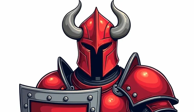 "A bust-up illustration of a warrior wearing a red helmet with two gray, curved, sharp horns on top of the head. The helmet has a Y-shaped opening at the front, with the edges of the Y-shaped hole reinforced with gray metal. The warrior’s armor is also red...