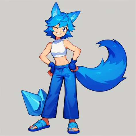 source_anime, anime, absurdres, solo, 1girl, full body, Blue hair, wolf ears, white crop top, blue pants, blue tail, purple fingerless gloves, purple flipflops, eye lashes, sleeveless, wink, hands on hips, white tip on tail, full body, 
