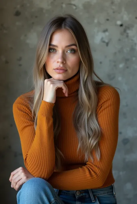  top quality,  1 beautiful woman, 2, S, 35mm Lens,, cowboy shot,  concrete background、Mortar style background、thick ocher turtleneck knit、Mortar wall,from below、 Straight Hair 、 Straight Hair 、 Shiny Hair, Smooth Hair 、 ash hair color 、 denim pants、 place ...