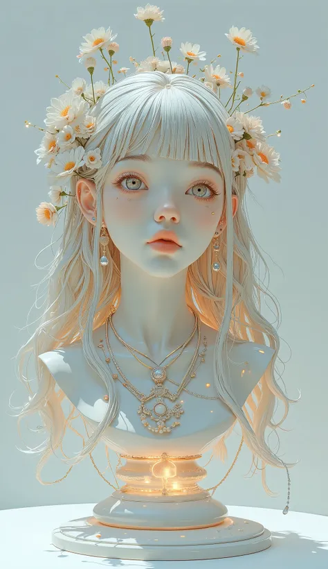 A 3D portrait sculpture is placed on a central pedestal，  simple，  minimalism，  beautiful girl，  bangs with lots of flowers 、 Soft Elegant Hues，Colored glass transparent 