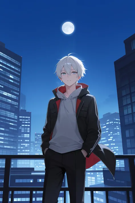 Silver-haired age solo male character with modern theme standing facing moon on top of building