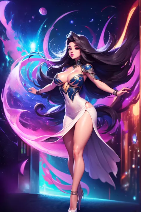 full body shot, ((ultra-detailed)), ((((realistic)))), ((long luxurious flowing hair)), (1 girl), (solo), void goddess, void cosmic body, transparent long flowing white dress, high heels, outer space, galaxies, powerful magic, cinematic lighting, depth of ...