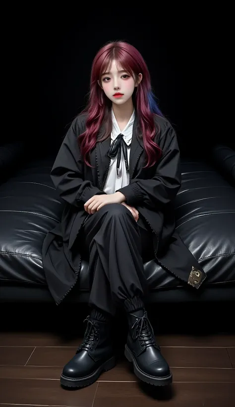 A young woman with wavy long hair colored red blue gradations sits on a large black sofa in a pose slightly stooping confidently.  He wears an oversized black suit with metallic accents ,  A loose white shirt with a black tie ,  and high-laced black boots ...