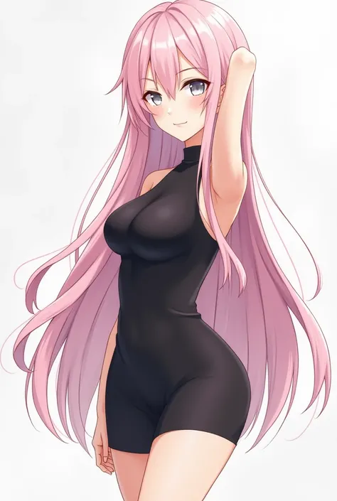 Girl with long, very light pink hair, Who has white eyes and has a white complexion, That she has a curvy body and has a tight black dress and that her leg is bare that the image is anime-like, That your dress is long but with one leg bare 