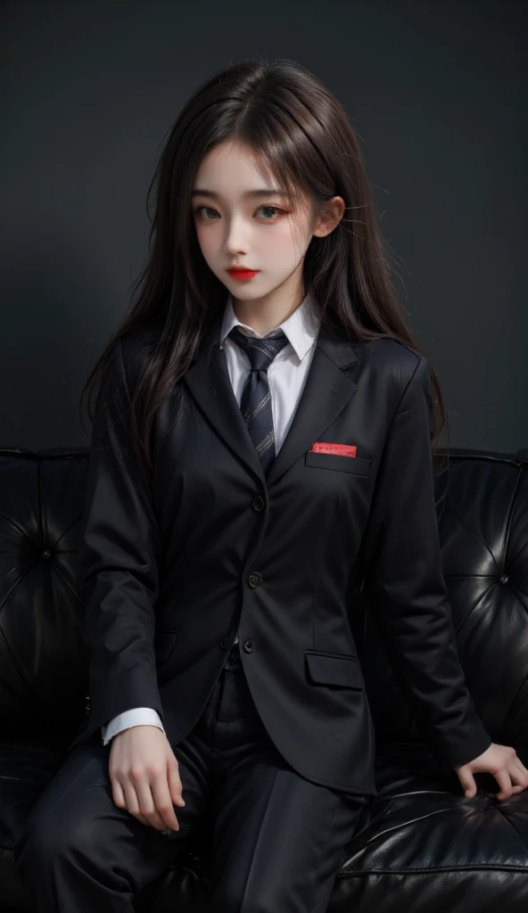 A young woman with wavy long hair colored red blue gradations sits on a large black sofa in a pose slightly stooping confidently.  He wears an oversized black suit with metallic accents ,  A loose white shirt with a black tie ,  and high-laced black boots ...