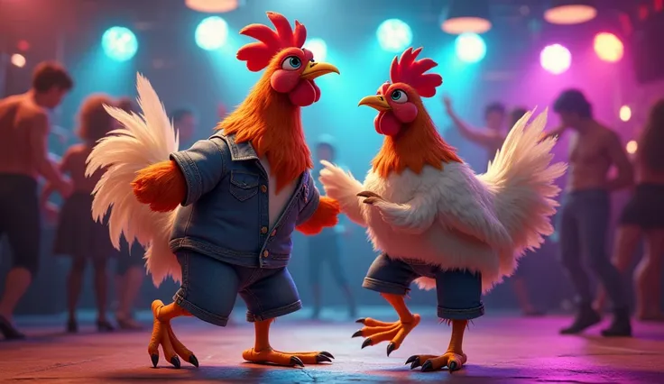 Male and female chicken wear jeans shirt dance at club 