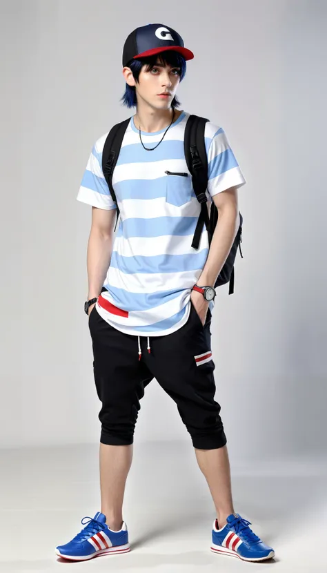  young man, blue and white striped t-shirt ,Black Sarouel Pants（ pocket part is red ）,Blue and red sneakers ,Black Cap（ with white design ）, device like a watch on the left hand （Z ring ？）, blue strap rucksack, black hair with slightly longer bangs , big e...