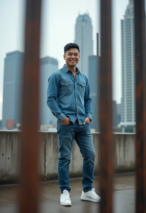 A dramatic urban portrait featuring a cheerful filipino man in a Lois_Denim_shirt, denim pants, sneakers, standing confidently on a rooftop with modern skyscrapers in the background. The shot is taken from a low angle through rusty metal bars, creating a d...