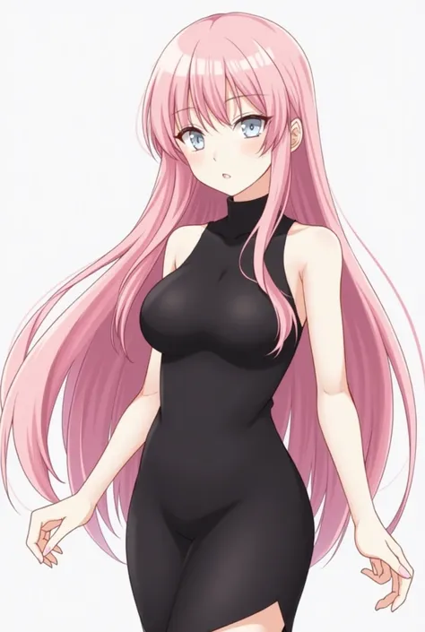 Girl with long, very light pink hair, Who has white eyes and has a white complexion, That she has a curvy body and has a tight black dress and that her leg is bare that the image is anime-like, May your dress be long and sleeveless