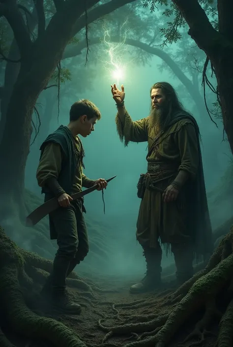 "A dark, mystical forest with twisting tree roots coming alive and wrapping around the legs of a frightened young man holding a rusty dagger. Next to him, a rugged wanderer holds a glowing talisman in the air, emitting a bright light that repels the roots....