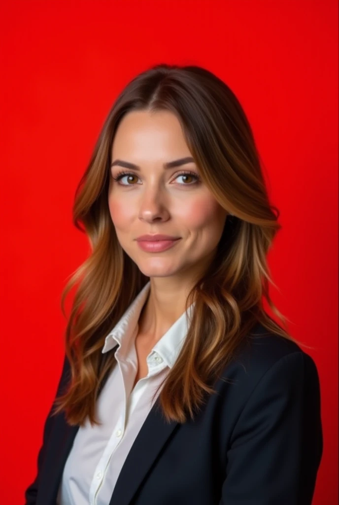 Create a professional portrait with a person facing the camera. The background should be a solid bright red color. The person should have a neutral expression and be dressed in business casual attire, with a clean and polished look.