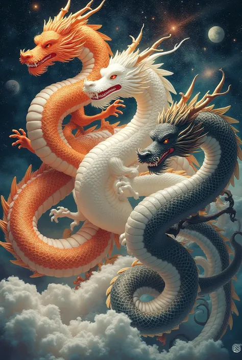  Masterpiece,   top quality, Japanese Dragon God 、  Golden Dragon and White Dragon  、Black Dragon、Qinglong、 Red Dragon   ５ Dragon God 々 、   wears a fluffy coat  、Sparkling Eyes、 The background is the universe、  and smile gently  、 Elongated, stretchy body 