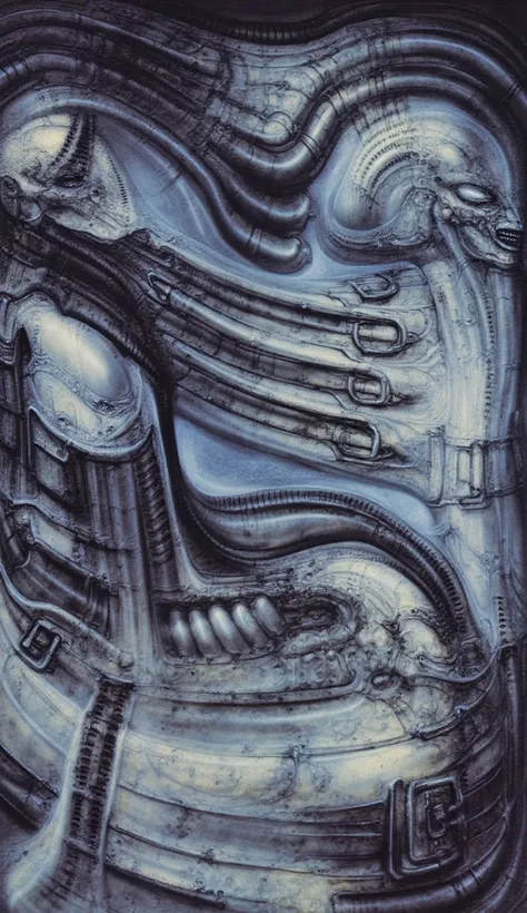 DARK BLACK COLORS, Giger_style, H. R. Giger's g1g3r, , Giger_style, The image is a detailed view of H.R. Giger's \" HRG Aleph \" plate, featuring ( The image depicts a surreal, intricate artwork featuring two humanoid figures with mechanical or industrial ...