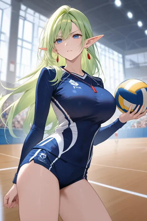 ( top quality)、(whole body)Green haired elf、 blue eyes、 long hair、20 year old beauty、 serious face、Beautiful breasts、 Slim、Earrings、red necklace blue sexy uniform、 volleyball、 sport healthily、