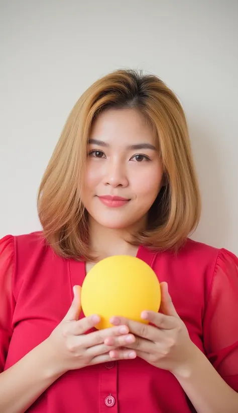 Thai woman aged 25 years in a golden shoulder-length bob, wearing a Thai dress, holding a yellow round soap, smiling, posing in a pose.