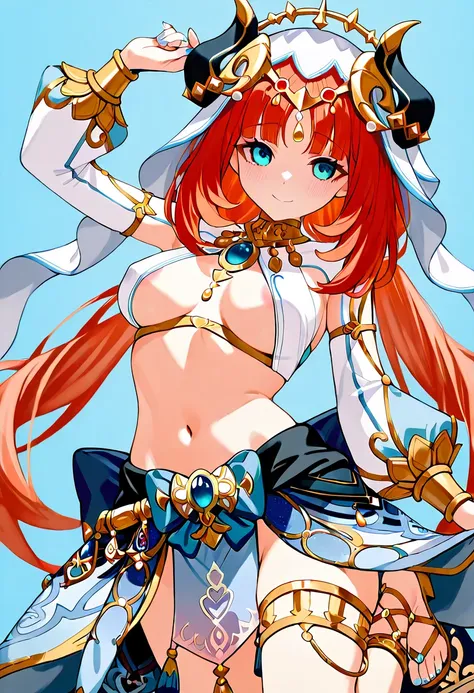  genshin_impact nilou_(genshin_impact) absurdres commentary highres 1girl aqua_eyes arm_up blue_background blue_gemstone blue_nails blue_skirt blush breasts breasts_apart circlet closed_mouth crop_top detached_sleeves fake_horns fingernails gem gold_trim h...