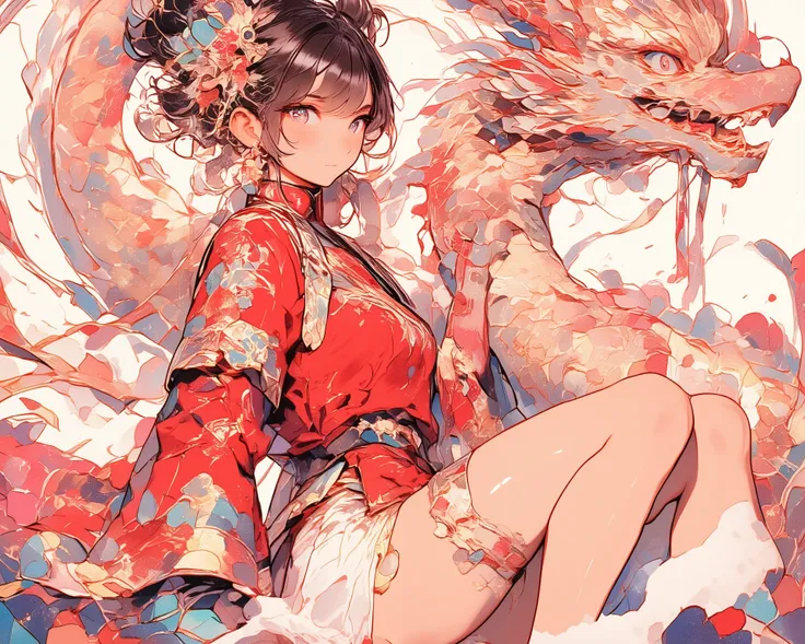   Chinese New Yearの祭り、 Happy New Year、 Masterpiece、 best image quality、 top quality、 delicate depiction、 detailed depiction of up to the front door、 beautiful、 watercolor、art、((cute girl in a Chinese red costume ))、Extend your right arm straight、(( A girl ...