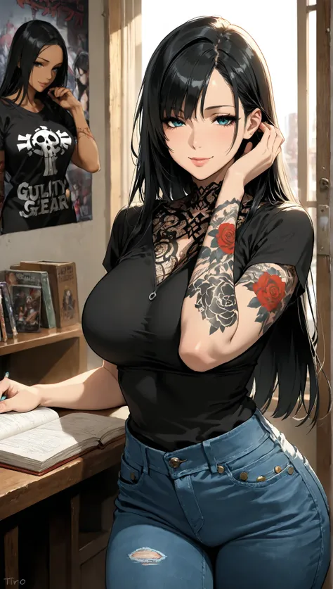 1 ,  long black hair ,TATTOOED ARM  , guilty gear,tiro, Studying hand to ear, medium and large breasts,  lips parted, seductive smile,  jeans, of the city , ,,  masterpiece,  best quality,  incredible quality,  detailed background,  poster intricate detail...