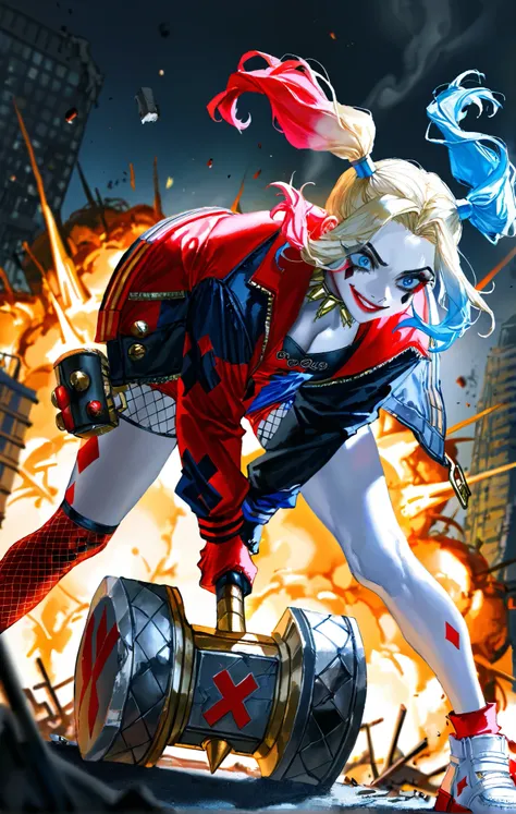 Harley Quinn, 1girl, breast, giant hammer, realistic, ultra realistic, hyper realistic, black jacket, torn fishnet, torn clothes, handle, gloves,hammer, over-size hammer, explosion:1.5, [quasarcake:0.3,mikapikazo:0.2,artgem:0.3, arisawa:0.2], leaning forwa...