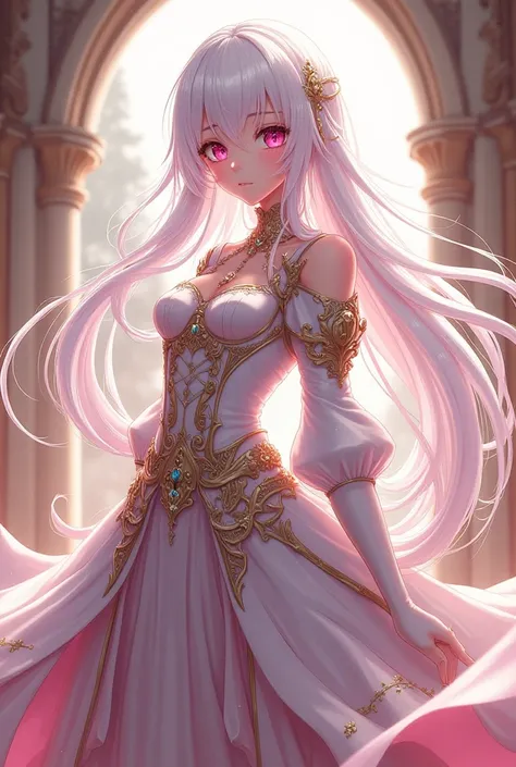 A very beautiful young anime girl with white hair and pink eyes wearing a very beautiful female knight dress