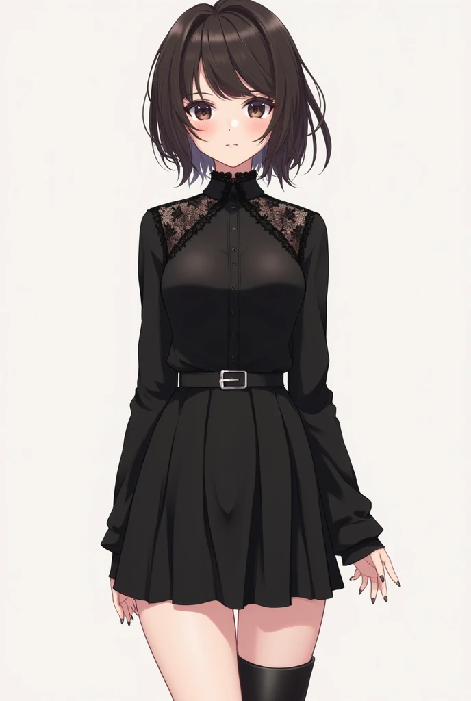 A girl [appearance= " fair skin", " dark brown hair", "Asymmetric Bob Hairstyle ", " black eyes", "height: 170 cm " , " full body view"] [Clothes= " Black High Neck Lace Blouse" , " Short black leather skirt " , " knee-length boots ] digital art, Anime 4k,...