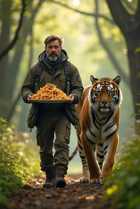 A man walks along with a tiger poutine