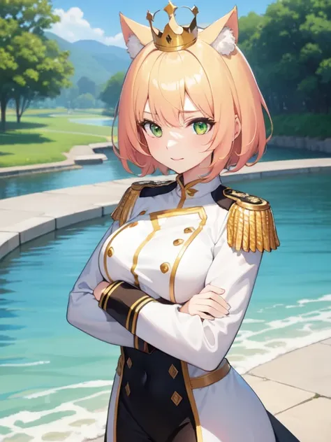 (best quality),(8k), water color, yellow hair, clear face , tall woman ,short hair, green eyes, medium breasts , pink cheeks, casually blouse, Beautiful woman, animal ears, (white knight uniform), standing, crown,  (castle),white, crossed arms