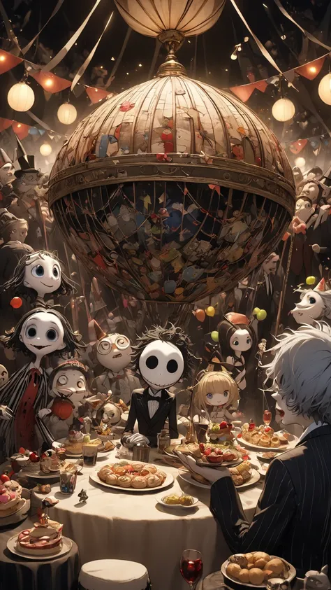 god、  Tim Burton's World、   top quality  ,  Masterpiece,    high detail,    looks like a scene from a movie、 party, Go on the big road,