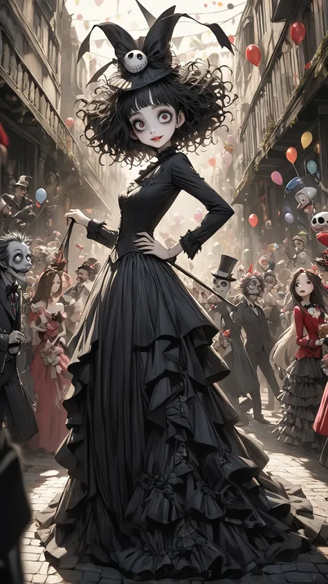 god、  Tim Burton's World、   top quality  ,  Masterpiece,    high detail,    looks like a scene from a movie、 party, Go on the big road,