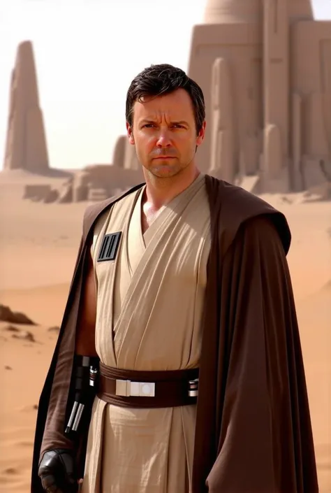 RAW Photograph, high quality portrait, futuristic, 45 year old man, Jedi Knight, dark hair starting to grey, handsome, kind, dessert planet with red earth and sandstorm, smooth face, shaved, no beard, dressed in beige and dark grey jedi robes, in the backg...