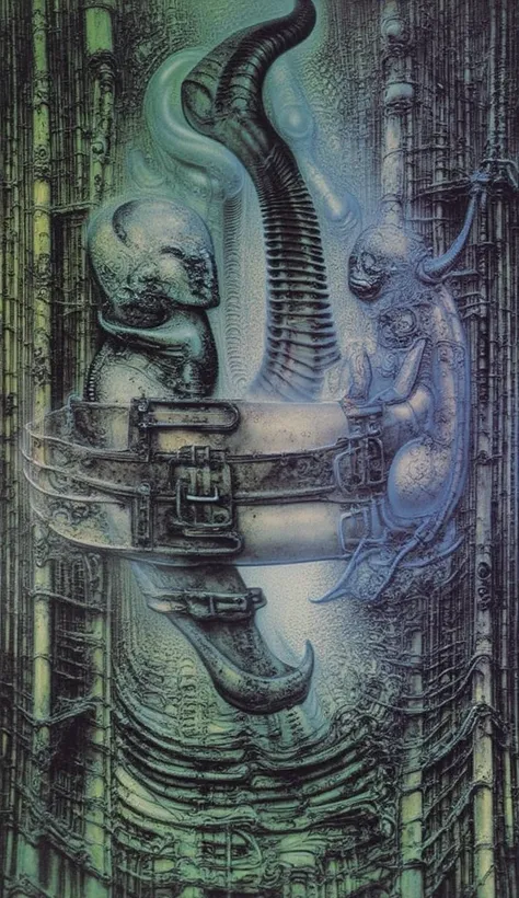 DARK BLACK COLORS, Giger_style, H. R. Giger's g1g3r, , Giger_style, The image is a detailed view of H.R. Giger's \" HRG Aleph \" plate, featuring ( The image depicts a surreal, intricate artwork featuring two humanoid figures with mechanical or industrial ...