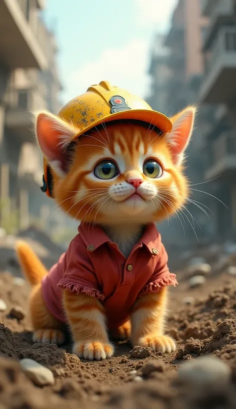  An orange fluffy kitten wearing a torn and dirty red poloh t-shirt wears a safety helmet, with big hopeful eyes . It is drilling land on the outskirts of a city whose buildings are in disarray