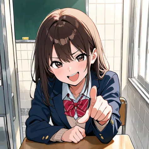 masterpiece, best quality, cute high school girl in the bathroom,An expression that makes a fool of someone by pointing at them,Laughing hard,Concentration line on the background,School,Japanese manga style,