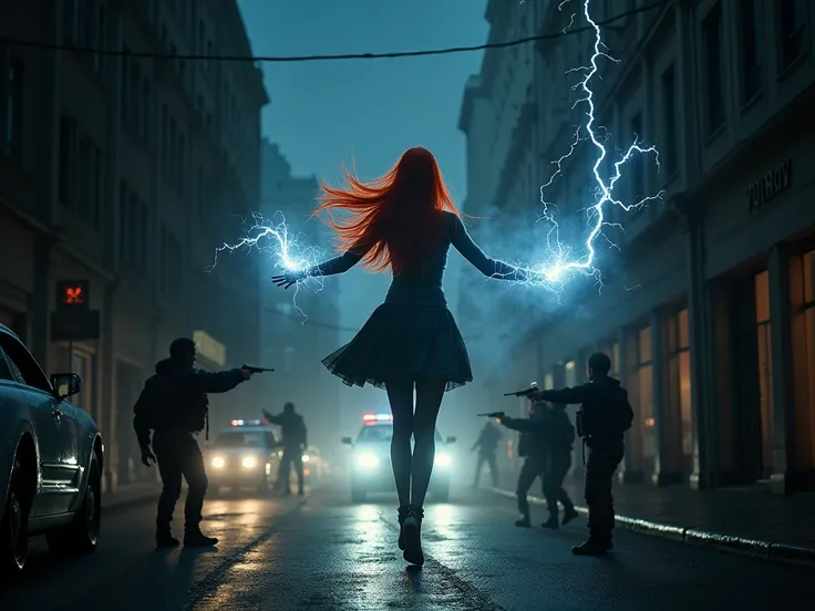 In a dark narrow street by night, a young woman with dark grey skin and fiery very long straight red hair, wrapped with twirling electricity stand three meters above the ground, levitating, arms outstretched calling lightning. In front of her, blocking the...