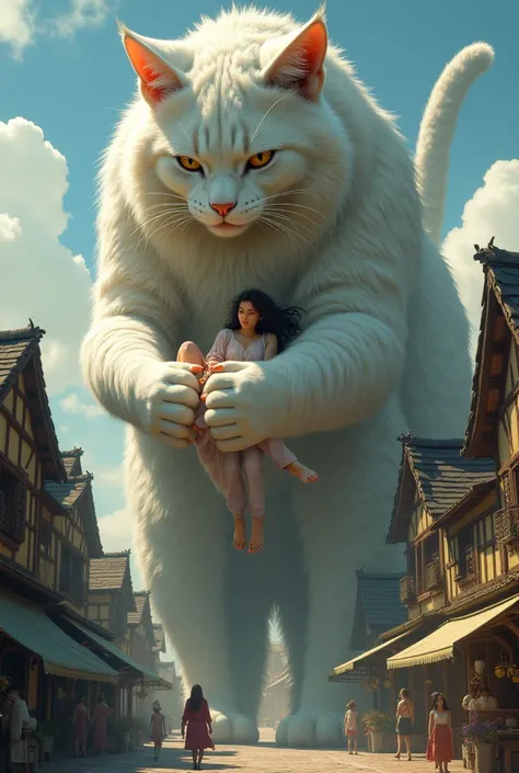 in town there is a giant cat in the arms of a big sword,  carries a beautiful girl in her arms