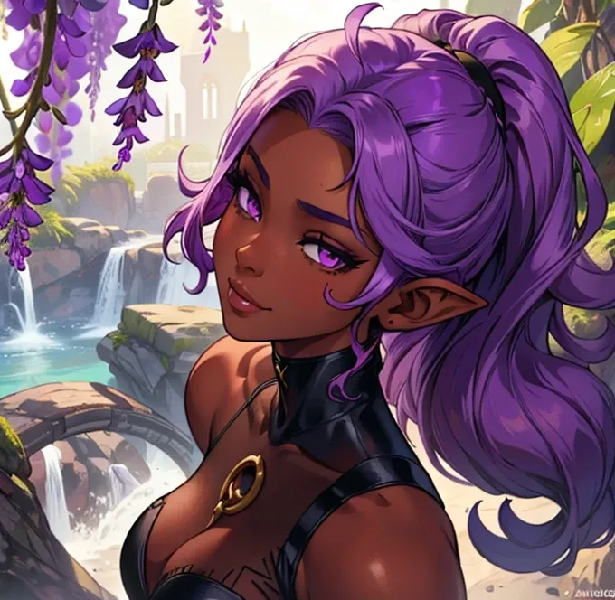 best quality,4k,8k,highres,masterpiece:1.2), ultra-detailed, mature ebony-skinned female, ethereal features, hourglass full body, bright amethyst eyes. lavender curly hair. Fae. Fae ears. fae wings. Dark skin 1.7, DarkChocolate skin 1.8. Dressed in a fight...