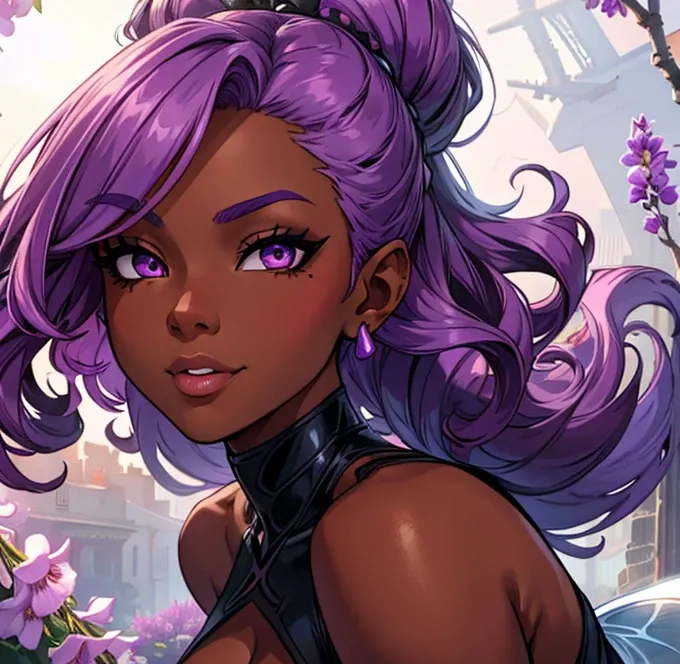 best quality,4k,8k,highres,masterpiece:1.2), ultra-detailed, mature ebony-skinned female, ethereal features, hourglass full body, bright amethyst eyes. lavender curly hair. Fae. Fae ears. fae wings. Dark skin 1.7, DarkChocolate skin 1.8. Dressed in a fight...