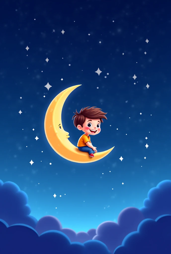 Create a cartoon channel logo  a young boy sitting at the edge of moon in night time 