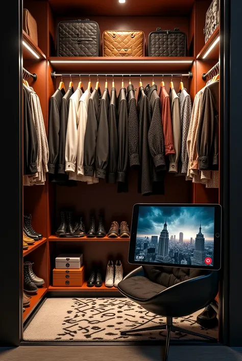 Wardrobe with designer clothes in the background, tablet showing apocalyptic-inspired moodboard.