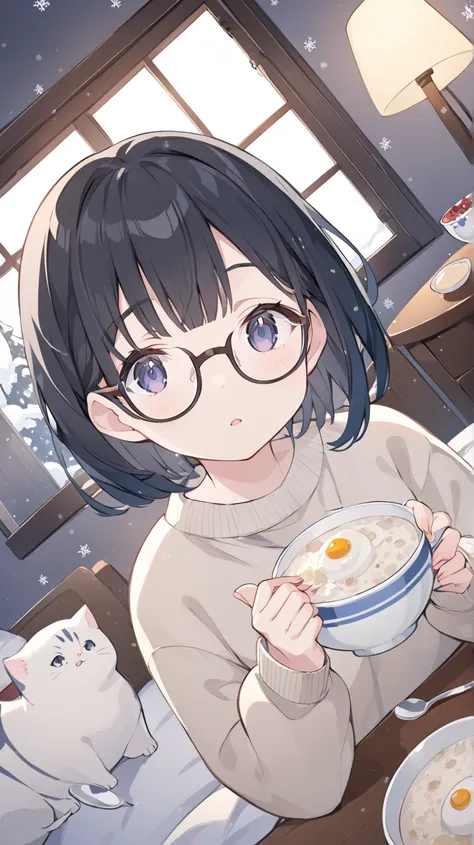 fireplace、 Snow Outside the Window、Tableware、 above the viewer、 1 woman、Having a cold、porridge、spoon、 black hair、 short hair on the bed、Glasses、 sweater 、cat、lamp、 anime style,  Dutch angle, 