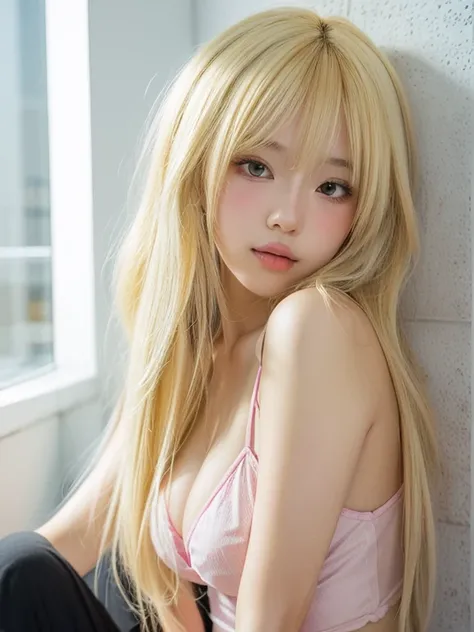 blond haired girl with long hair leaning against a wall, an anime drawing inspired by Yuki Ogura, tumblr, realism, portrait of japanese gyaru, anime style mixed with fujifilm, rena nounen style 3/4, anime girl cosplay, blonde anime girl with long hair, ani...