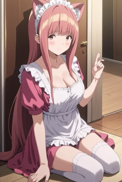 masterpiece, best quality, {best quality},{masterpiece},4k CG,1girl,{{loli}}, {{cute}},long pink hair,white thighhighs ,cat ears,cat tail,maid dress,kneeling,sitting on floor,looking at viewer,