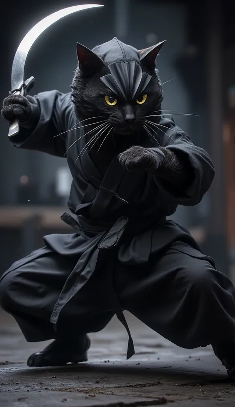 Realistic black cat ,   wears ninja clothes ,   wearing a traditional ninja costume  .   the cat is in an action-packed pose  ,  Crouch down slightly while accurately throwing a four-edged shuriken . 手裏剣は空中in ,  影とステルスの空気inターゲット .  As for ninja attire 、Inc...