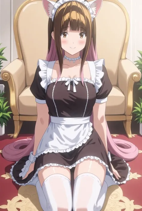 masterpiece, best quality, {best quality},{masterpiece},4k CG,1girl,{{loli}}, {{cute}},long pink hair,white thighhighs ,cat ears,cat tail,maid dress,kneeling,sitting on floor,looking at viewer,