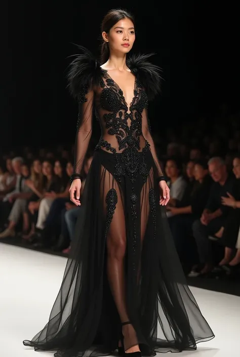 A model with Asian features wears a long black chiffon dress lined with black fabric with black embroidery clearly visible on the skin.  embroidery in the form of leaves and feathers, with long sleeves. . The transparent fabric extends throughout the dress...